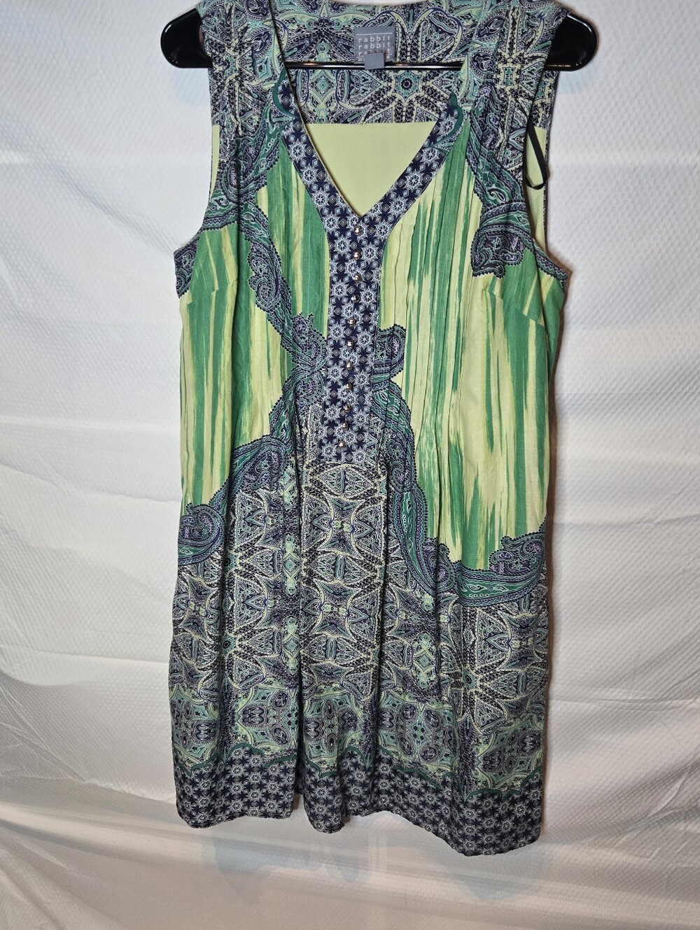 Sleeveless Green Patterned V-Neck Cotton Dress